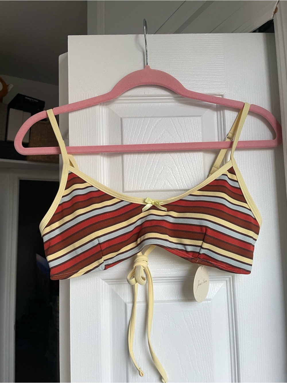 Yellow Striped Bowknot Contrast Binding Tank Style Bikini Top